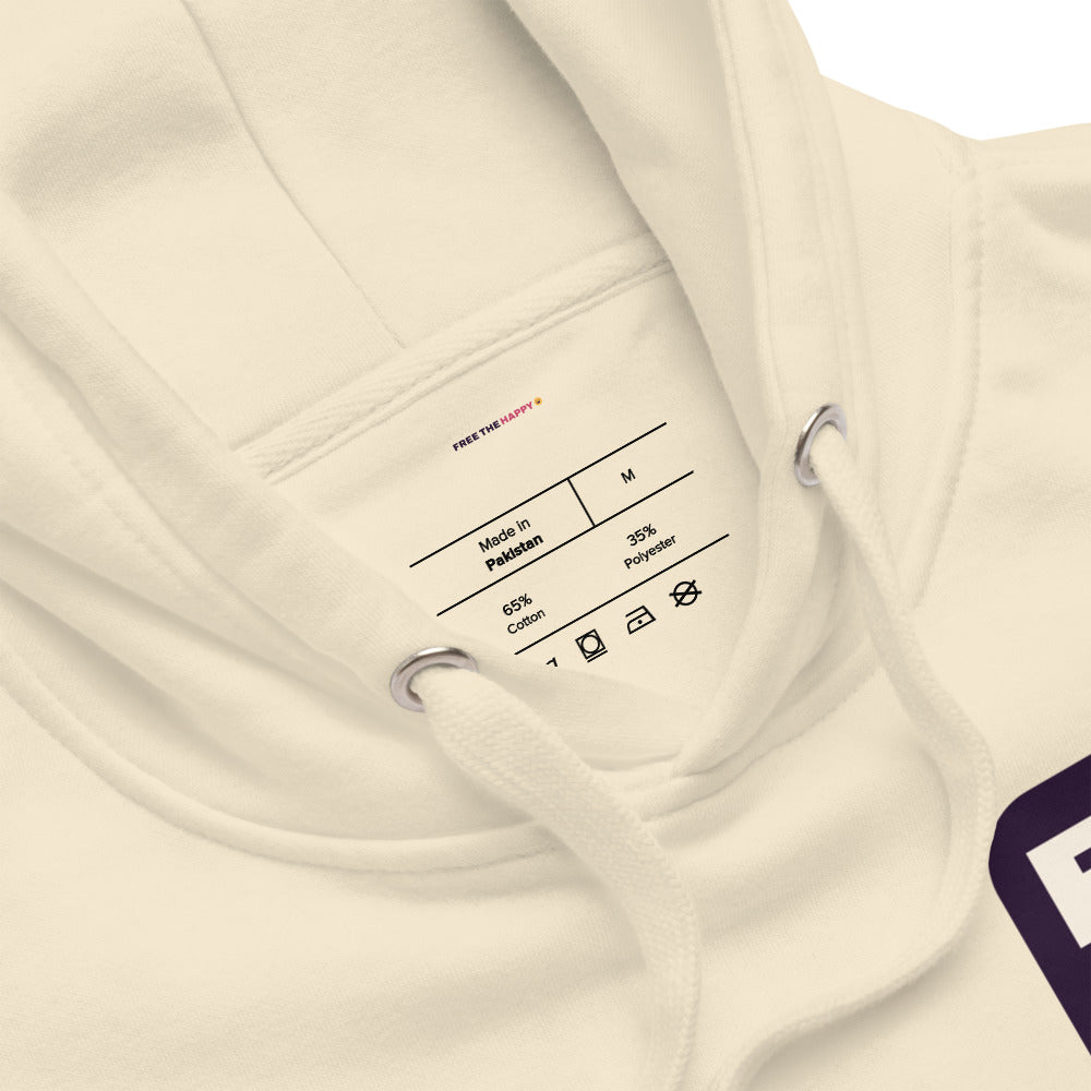 Groovy Free the Happy Hoodie in Bone, inside label and chest detail