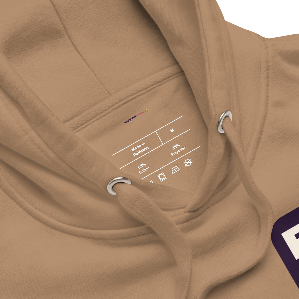 Groovy Free the Happy Hoodie in Latte, inside label and chest detail