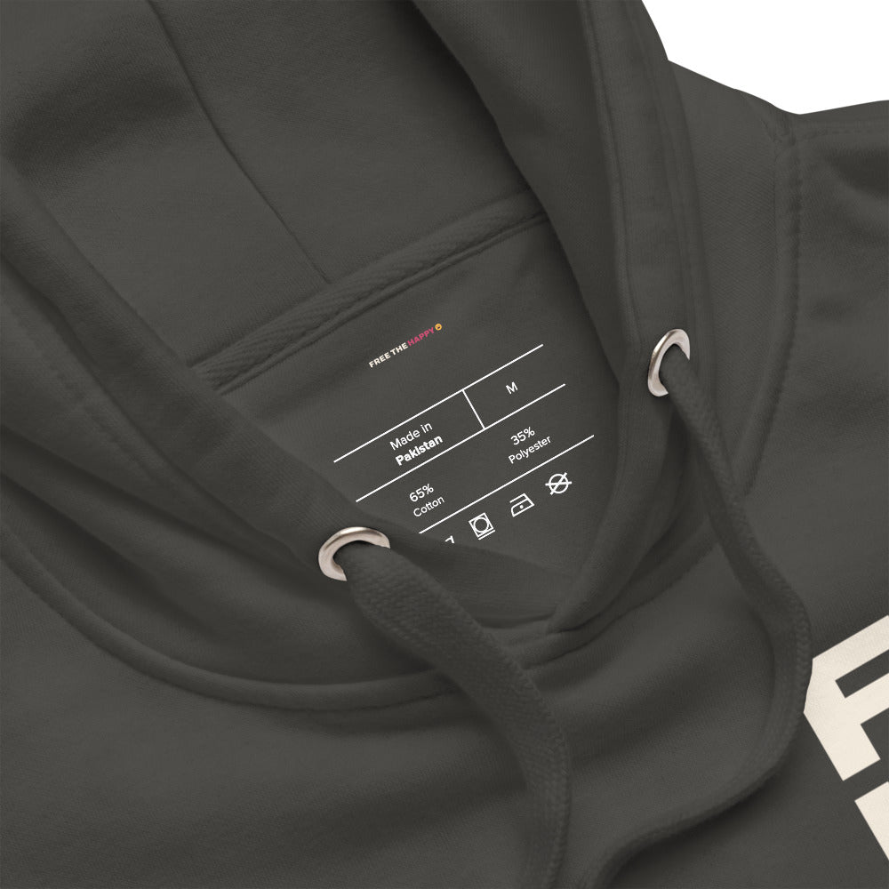 Groovy Free the Happy Hoodie in Vintage Black, inside label and chest detail